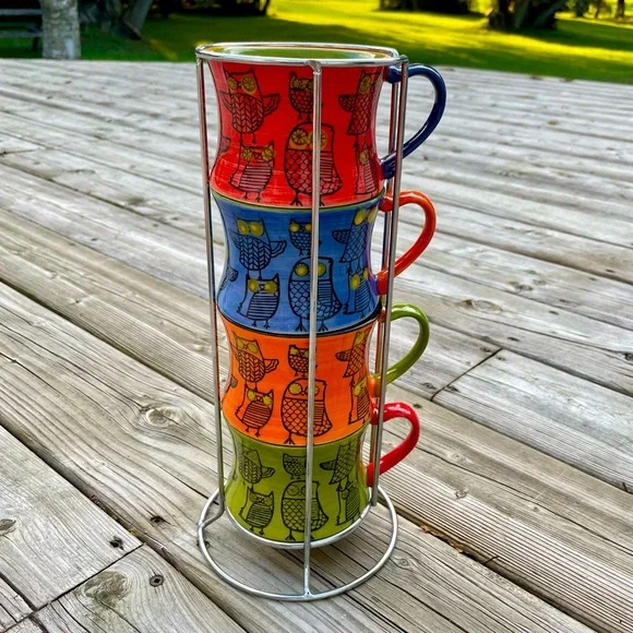 4 Pier 1 Owl Stacking Mugs In A Rack - Picture 1 of 15